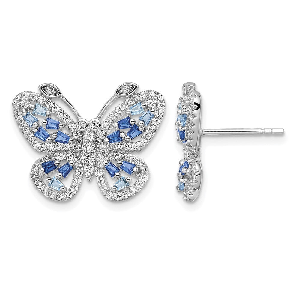 Sterling Silver RH-plated Polished Blue & Clear CZ Butterfly Post Earrings