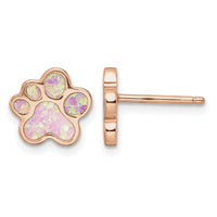 Sterling Silver Rose-plated Created Opal Inlay Pawprint Post Earrings