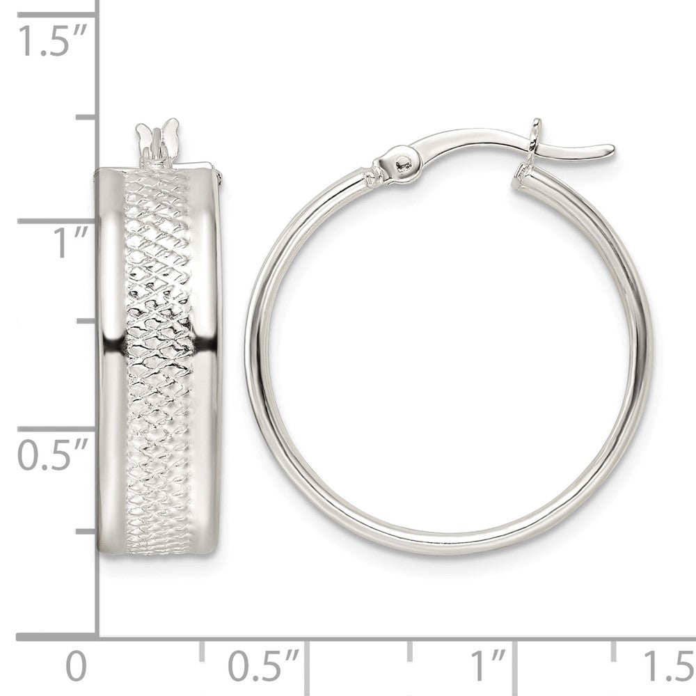 Sterling Silver Polished Textured 7.5x25mm Hoop Earrings