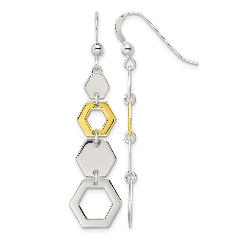 Sterling Silver and Gold-plated Polished Hexagon Dangle Earrings