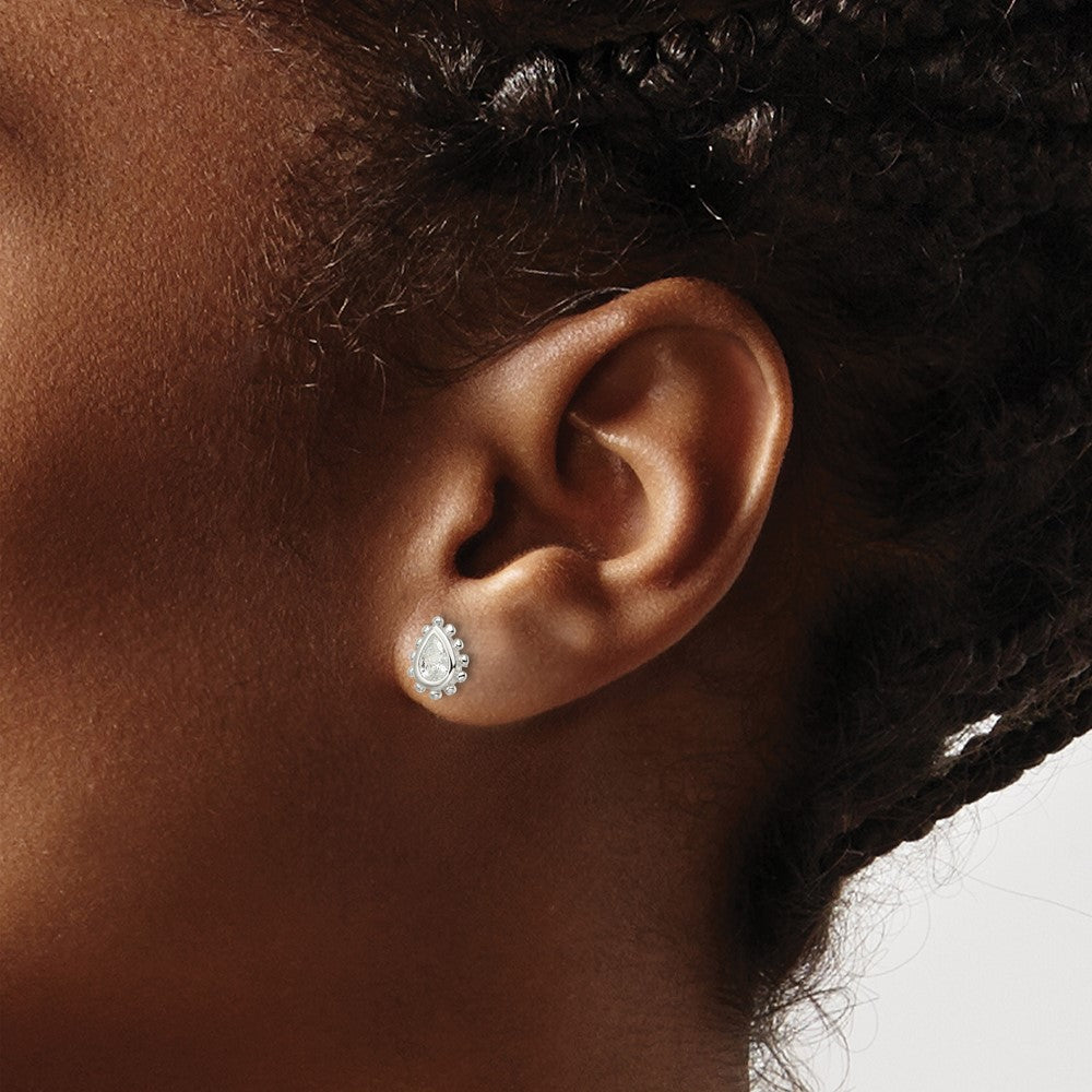 Sterling Silver Polished & Beaded Edge Pear CZ Post Earrings