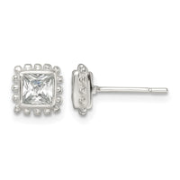 Sterling Silver Polished & Beaded Edge Square CZ Post Earrings