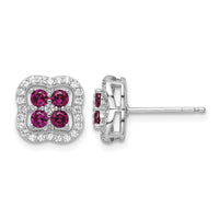 Sterling Silver Rhodium-plated Created Ruby and CZ Clover Post Earrings