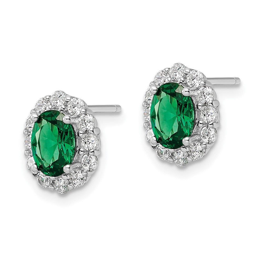 Sterling Silver Rhod-plated Polished Green & White CZ Oval Post Earrings