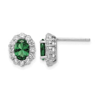 Sterling Silver Rhod-plated Polished Green & White CZ Oval Post Earrings