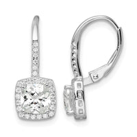 Sterling Silver RH-plated Polished Princess Cut CZ Halo Leverback Earrings