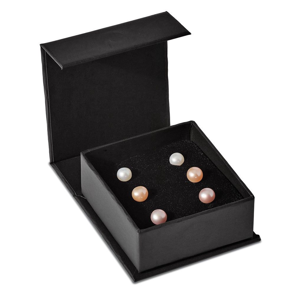 Sterling Silver Rh-pl 6-7mm Set of 3 Wt/Purp/Pnk Button FWC Pearl Earrings