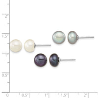 Sterling Silver Rh-pl 8-9mm Set of 3 Wt/Bk/Grey Button FWC Pearl Earrings