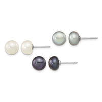 Sterling Silver Rh-pl 8-9mm Set of 3 Wt/Bk/Grey Button FWC Pearl Earrings