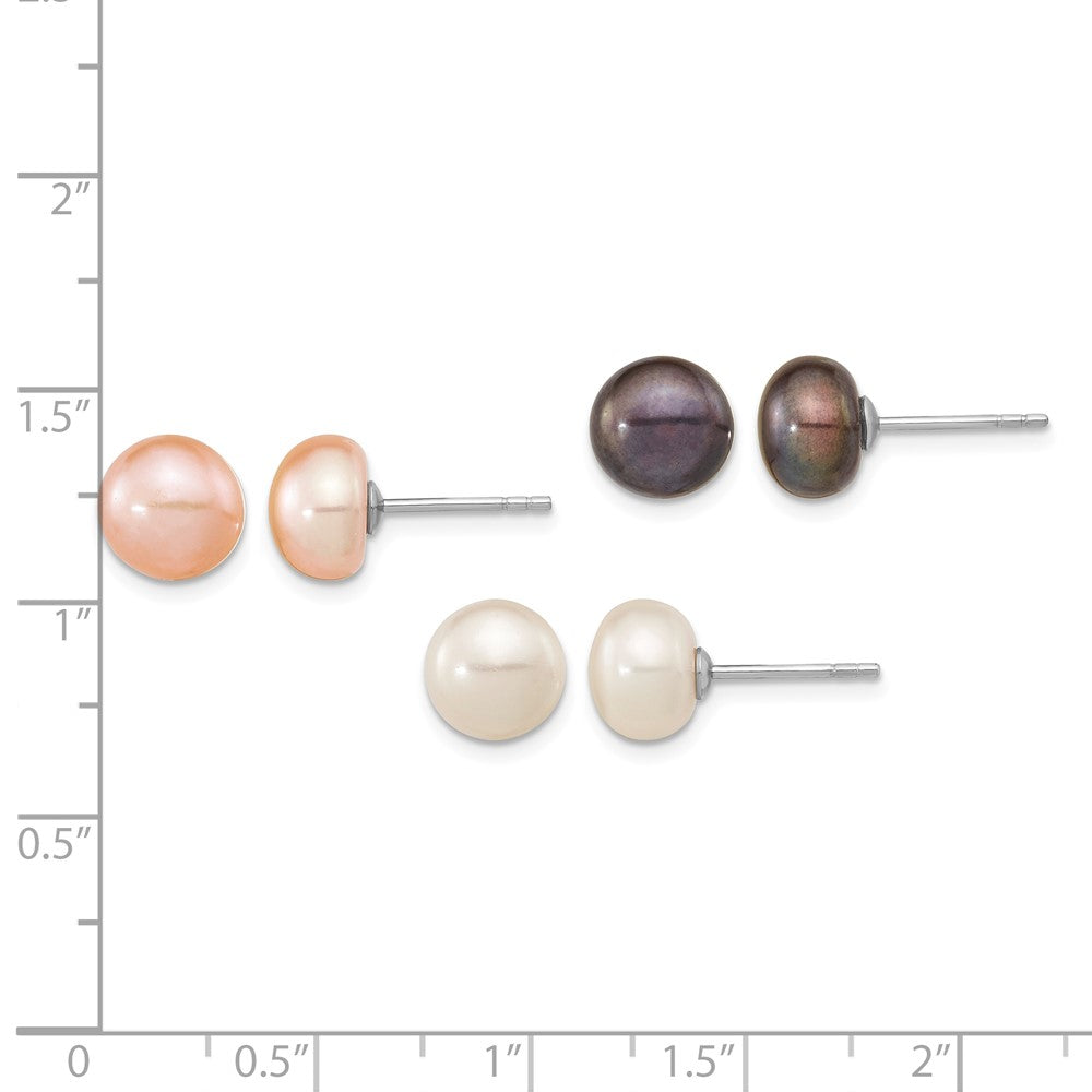 Sterling Silver Rh-pl 8-9mm Set of 3 Wt/BK/Pink Button FWC Pearl Earrings