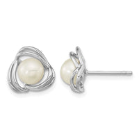 Sterling Silver Rhod-plated 6-7mm White Button Knot Post Earrings