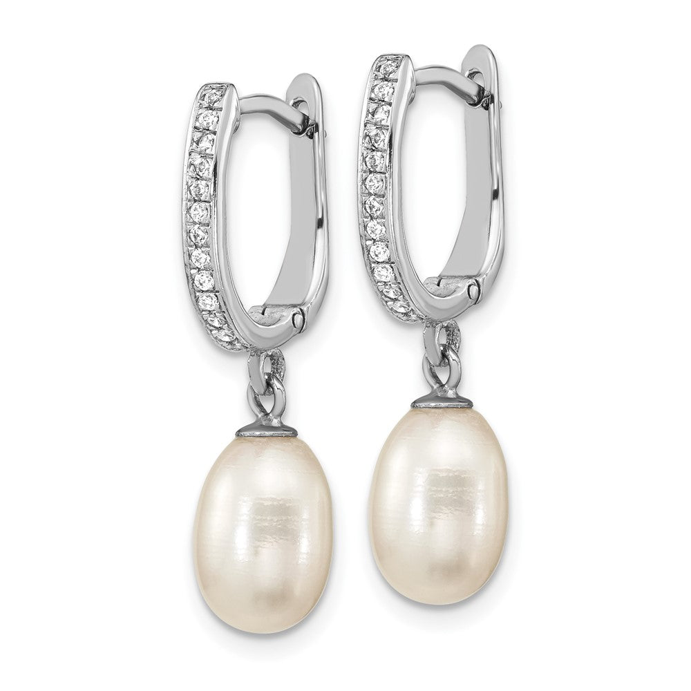 Sterling Silver Rhod-plated CZ 7 to 8mm Rice FWC Pearl Hoop Dangle Earring