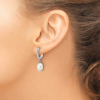 Sterling Silver Rhod-plated CZ 7 to 8mm Rice FWC Pearl Hoop Dangle Earring