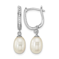 Sterling Silver Rhod-plated CZ 7 to 8mm Rice FWC Pearl Hoop Dangle Earring