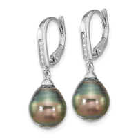 SS RH-plated 9-10mm Tahitian Saltwater Pearl CZ Leverback Earrings