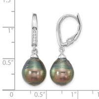 SS RH-plated 9-10mm Tahitian Saltwater Pearl CZ Leverback Earrings