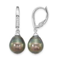 SS RH-plated 9-10mm Tahitian Saltwater Pearl CZ Leverback Earrings