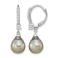 SS RH-plated 9-10mm Tahitian Saltwater Pearl & CZ Leverback Earrings