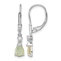 Sterling Silver RH-plated CZ & Created Opal Teardrop Leverback Earrings