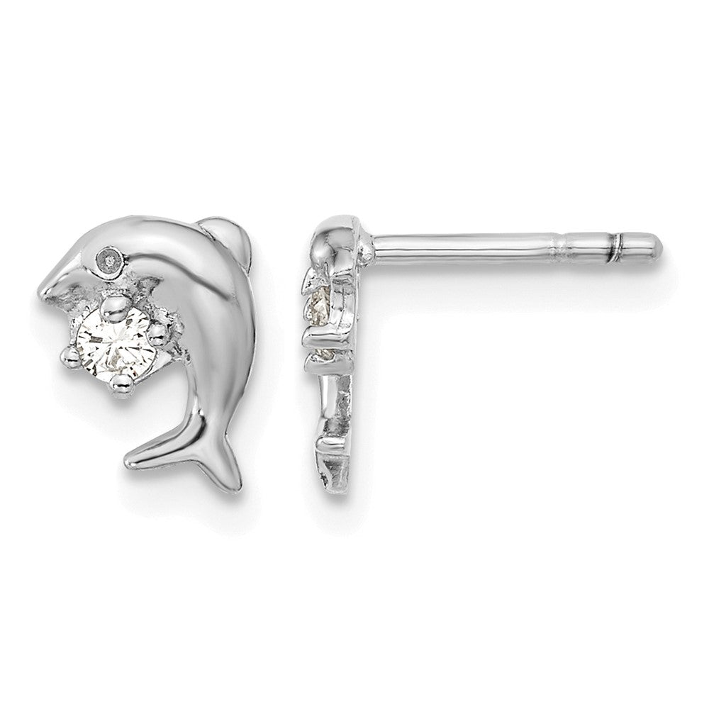Sterling Silver Rhodium-plated CZ Dolphin Post Earrings