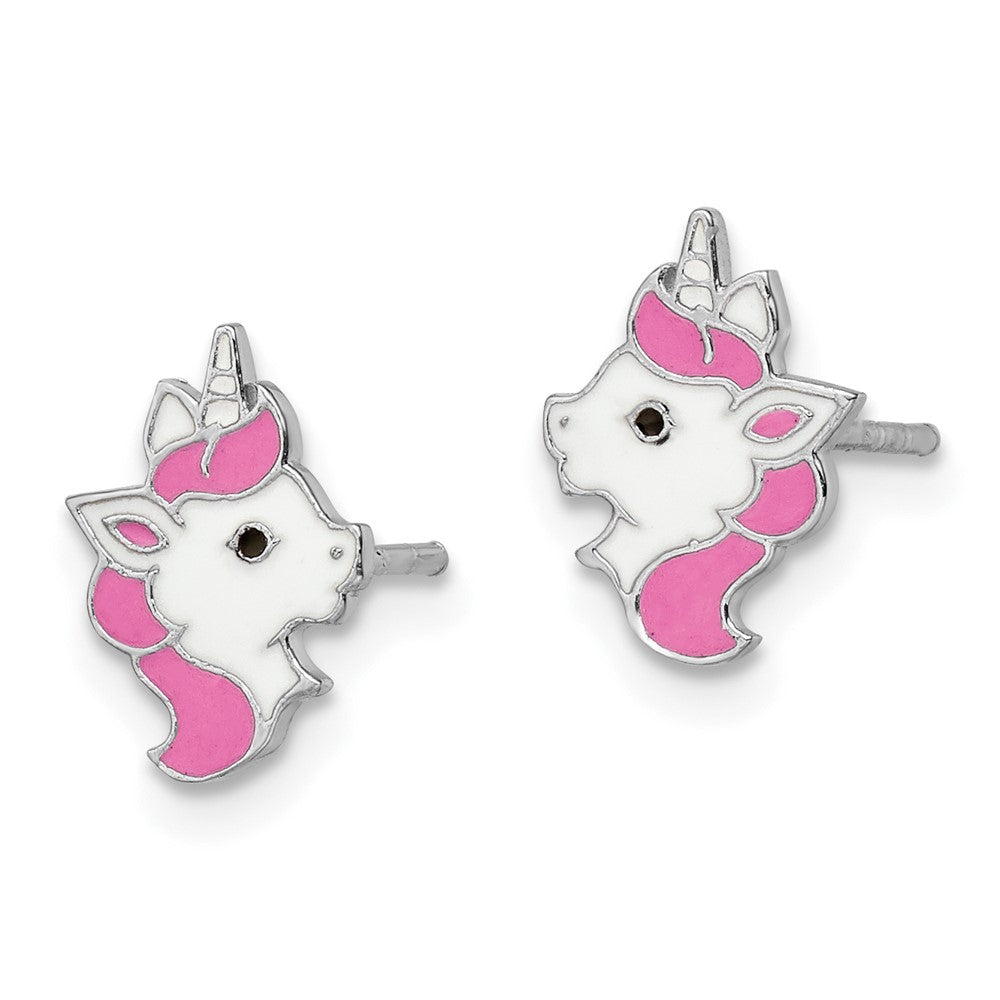 Sterling Silver Rhodium-plated Enamel Unicorn Post Earrings