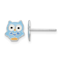 Sterling Silver RH-plated Enameled Blue Owl Post Earrings