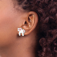 Sterling Silver Rhodium-plated Multi-color Enamel Unicorn Post Earrings