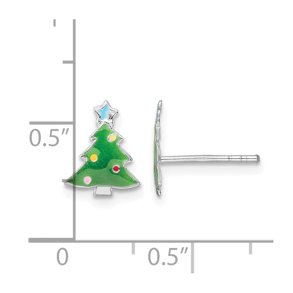 Sterling Silver Rhodium-plated Enamel Christmas Tree Post Earrings