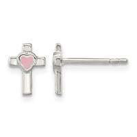 Sterling Silver Rhodium-plated Cross Pink Enamel Heart Post Earrings