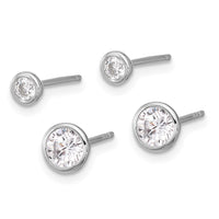 Sterling Silver RH-plated 3mm and 5mm CZ Bezel Post Earrings Set
