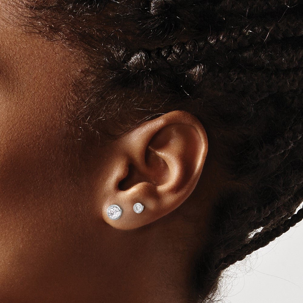 Sterling Silver RH-plated 3mm and 5mm CZ Bezel Post Earrings Set