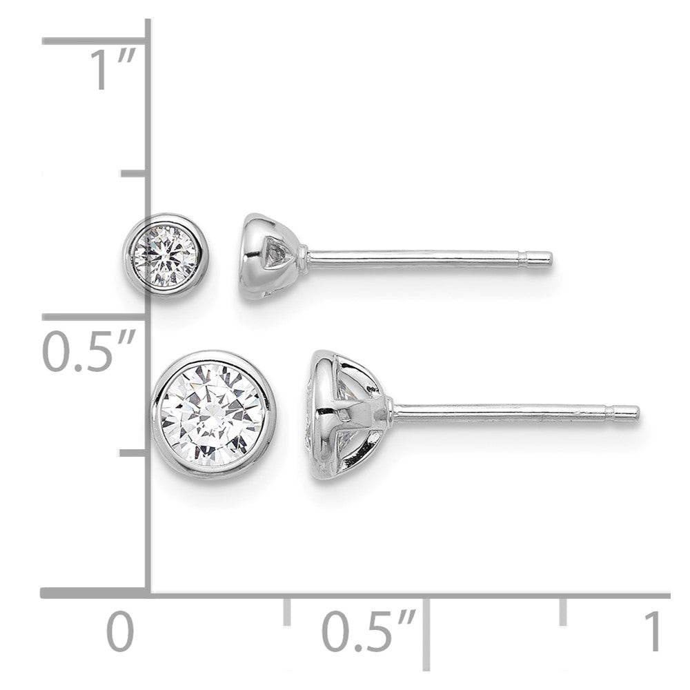 Sterling Silver RH-plated 3mm and 5mm CZ Bezel Post Earrings Set