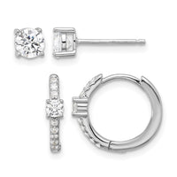 Sterling Silver RH-plated 5mm CZ Studs and Hinged Hoop Earring Set