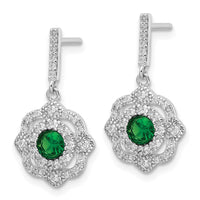 Sterling Silver RH-pltd Green Glass and Clear CZ Vintage Dangle Post Earrin