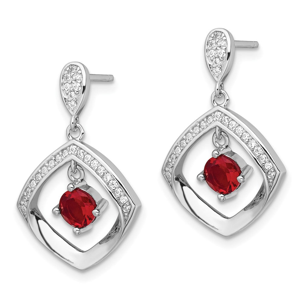 Sterling Silver RH-plated Red Glass and Clear CZ Fancy Square Post Earrings