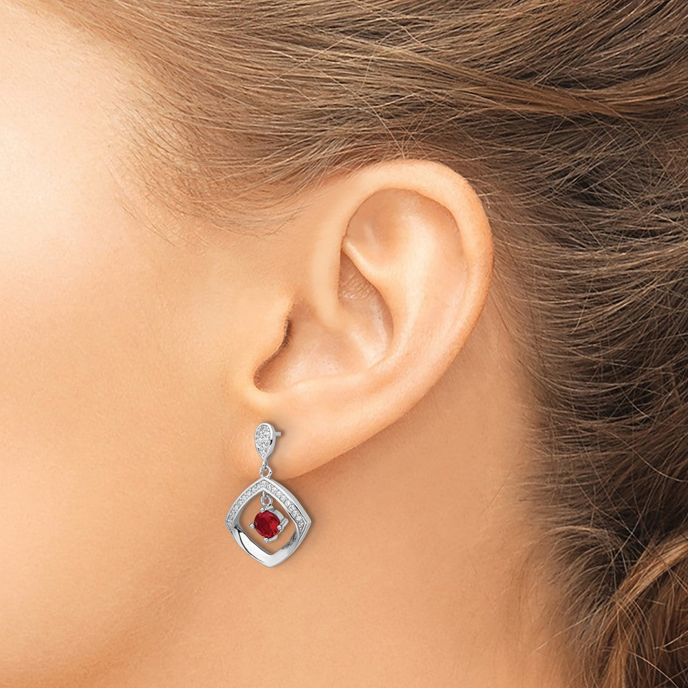 Sterling Silver RH-plated Red Glass and Clear CZ Fancy Square Post Earrings