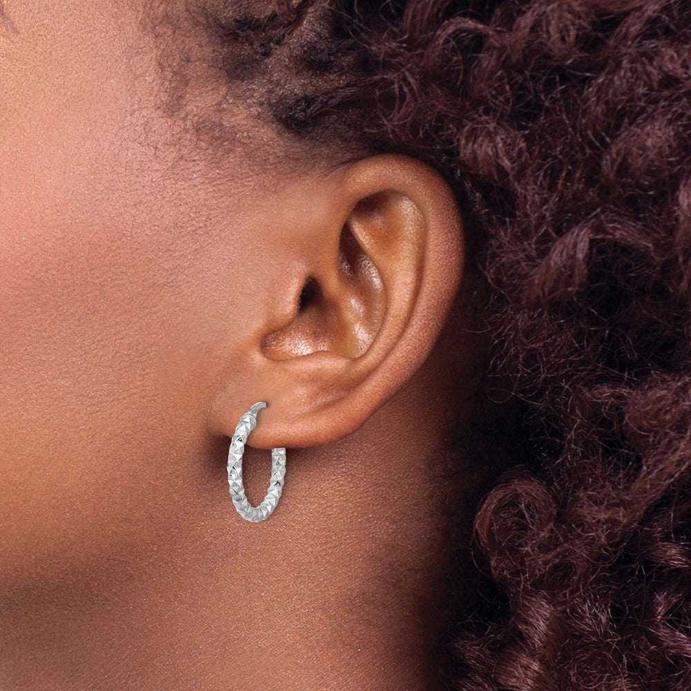 Sterling Silver Rhodium-plated Polished Textured 2.50mm Hoop Earrings