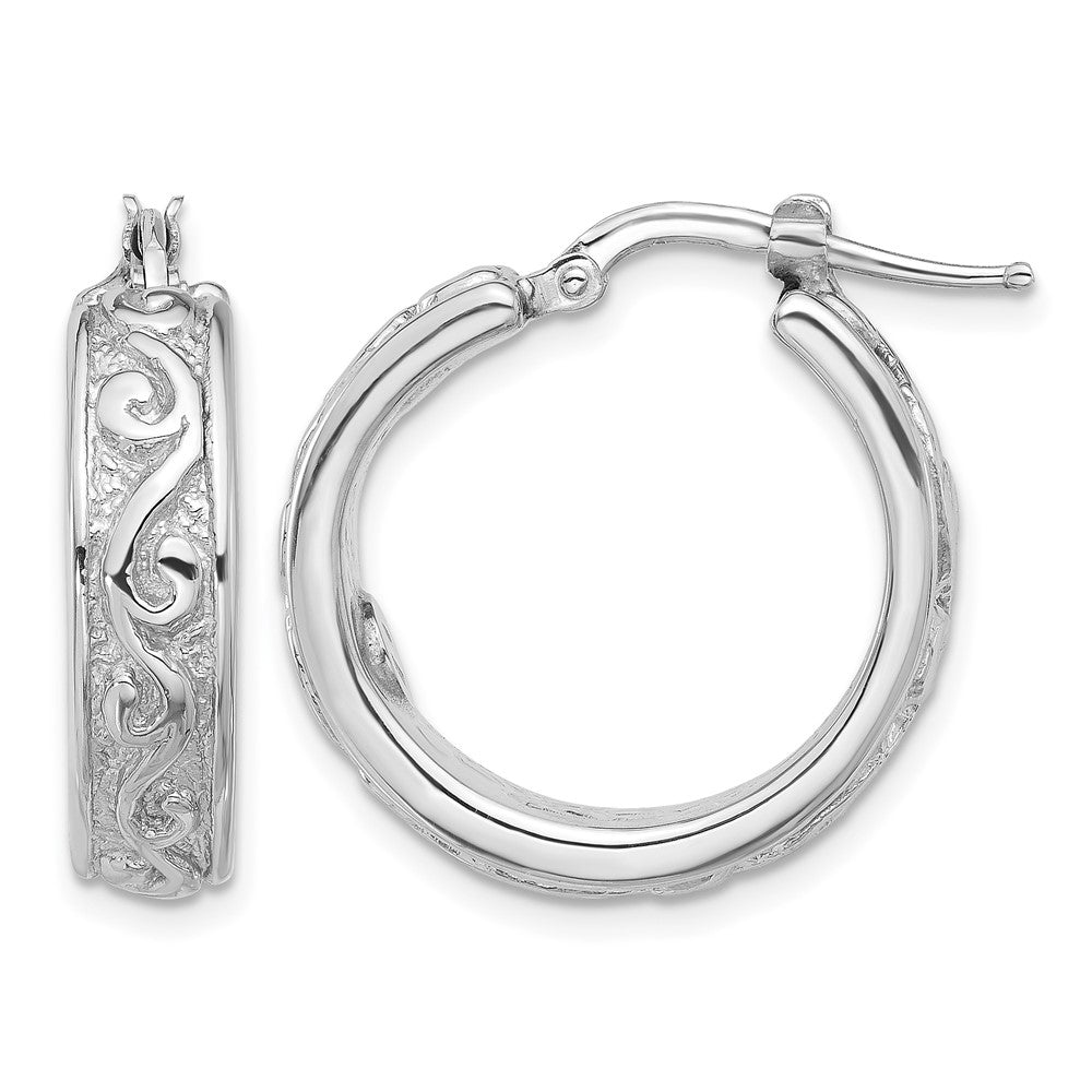 Sterling Silver Rhod-plated Polished and Textured Round Hoop Earrings