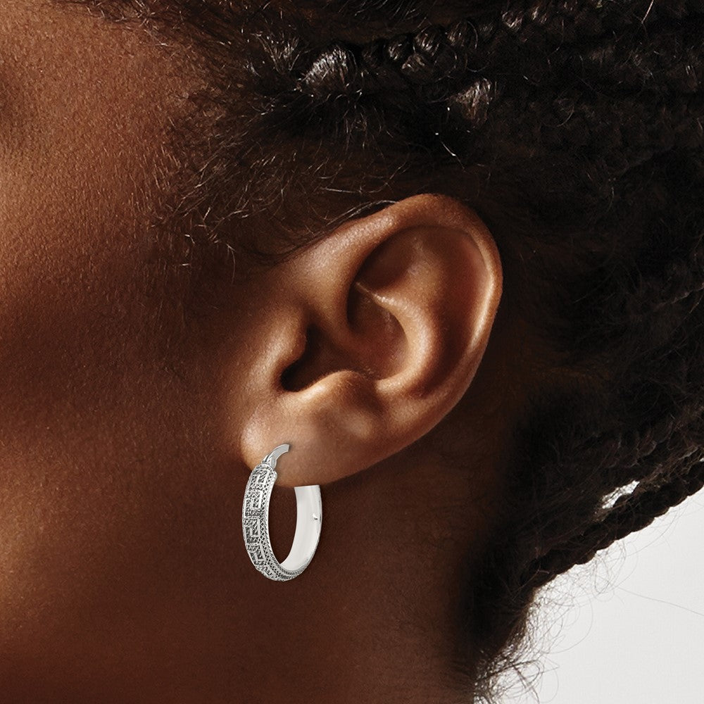 Sterling Silver Antiqued/Textured Greek Key SM Round Hoop Earrings