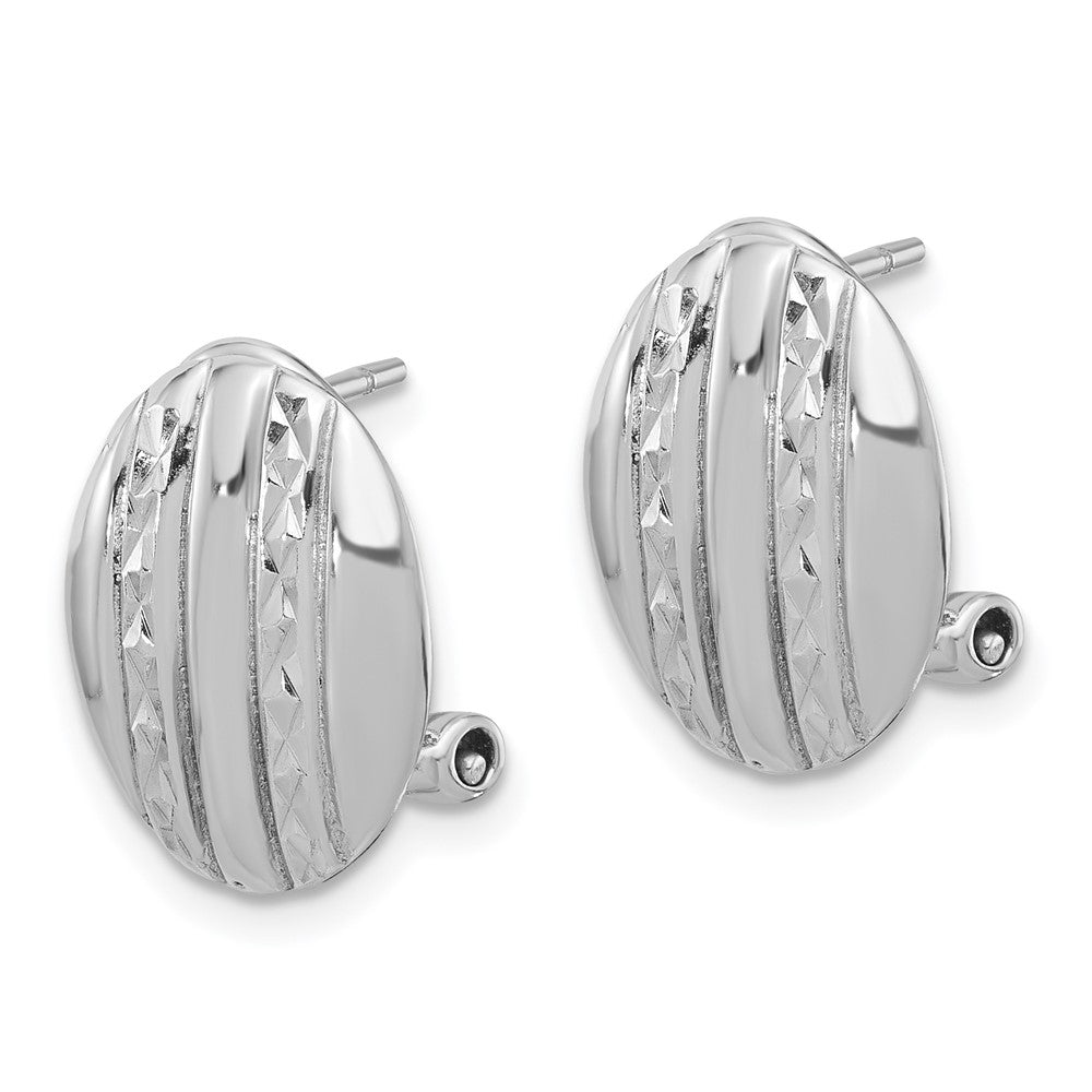 Sterling Silver RH-plated Polished Textured Oval Omega Back Earrings
