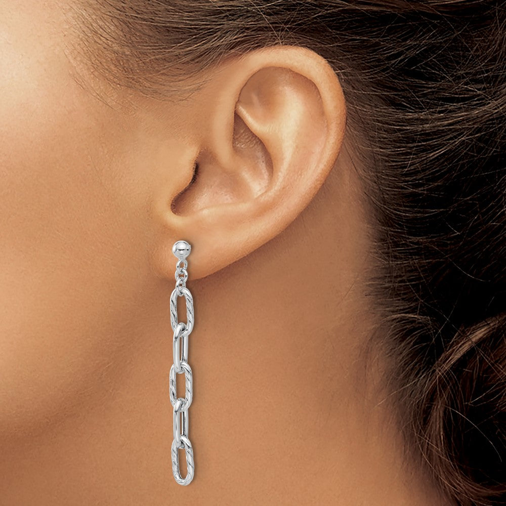 Sterling Silver RH-plated Polish & Textured Chain Post Dangle Earrings