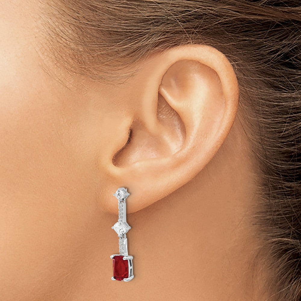 Sterling Silver Rhod-plated Fancy Red & White CZ Post Dangle Earrings