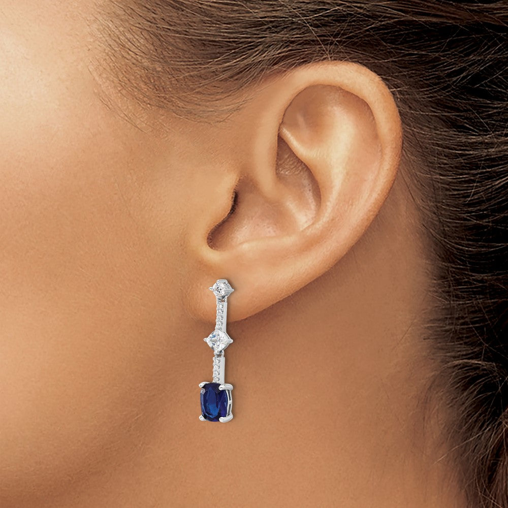 Sterling Silver RH-plated Fancy Blue & White CZ Post Dangle Earrings