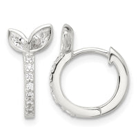 Sterling Silver E-coated CZ Leaf Hinged Hoop Earrings