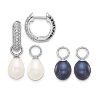 Sterling Silver RH-plated 7-8mm FWC Pearl/CZ Interchangeable Earrings Set