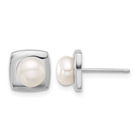 Sterling Silver RH-plated 6-7mm White FWC Pearl Square Post Earrings