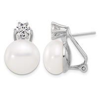 Sterling Silver RH-plated 12-13mm FWC Pearl and CZ Omega Back Earrings
