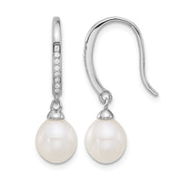 Sterling Silver RH-plated Polished 7-8mm FWC Pearl and CZ Dangle Earrings