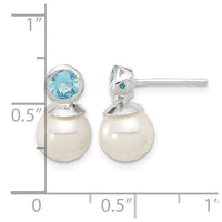 Sterling Silver Polished Blue CZ and 8-8.5mm Glass Pearl Post Earrings