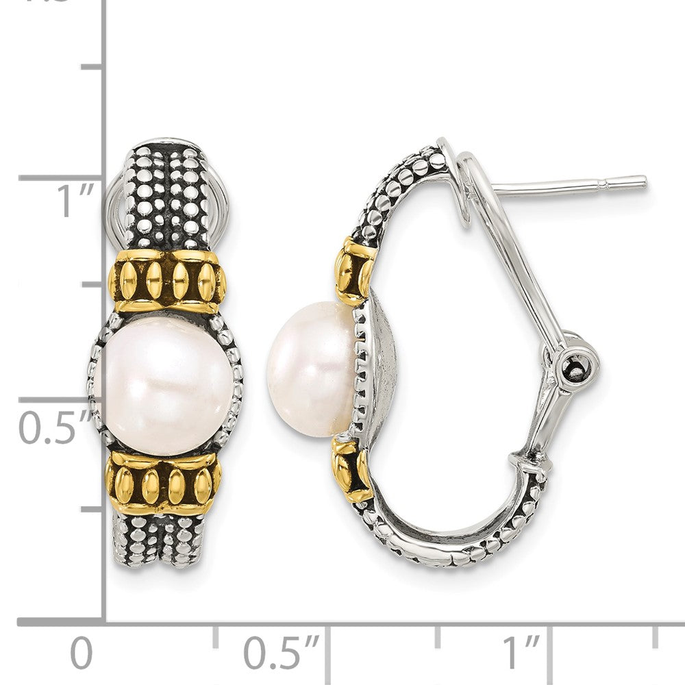 Sterling Silver Gold-tone Antiqued Synthetic Pearl Omega Back Earrings